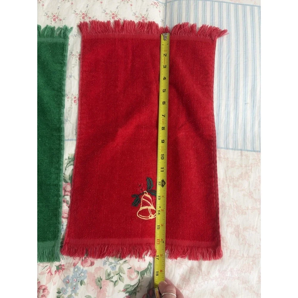 Two Vintage Cannon USA Embroidered Christmas Hand Towels Cotton Terry Fringe